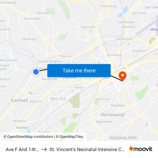 Ave F And 14th St to St. Vincent's Neonatal Intensive Care Unit map