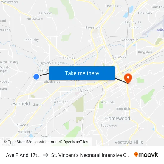 Ave F And 17th St to St. Vincent's Neonatal Intensive Care Unit map