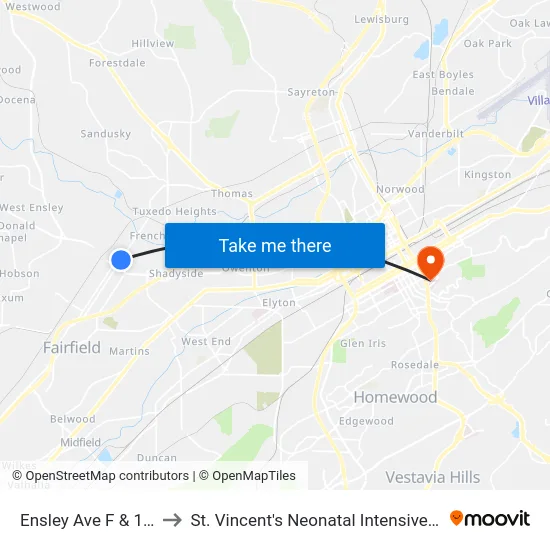 Ensley Ave F & 18th St to St. Vincent's Neonatal Intensive Care Unit map