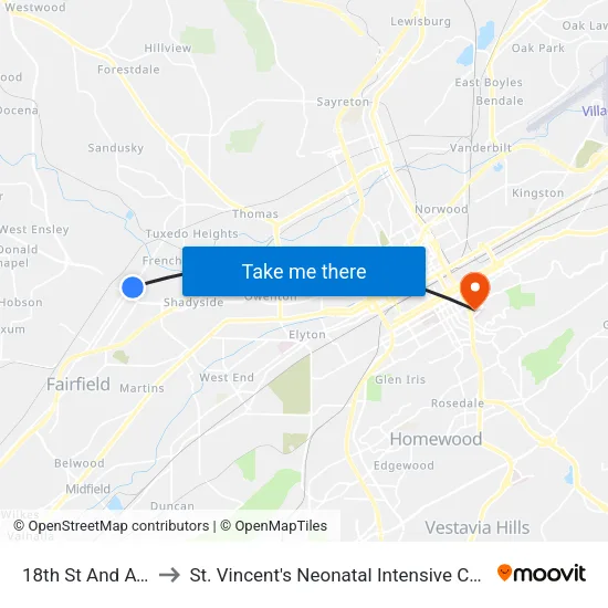 18th St And Ave F to St. Vincent's Neonatal Intensive Care Unit map