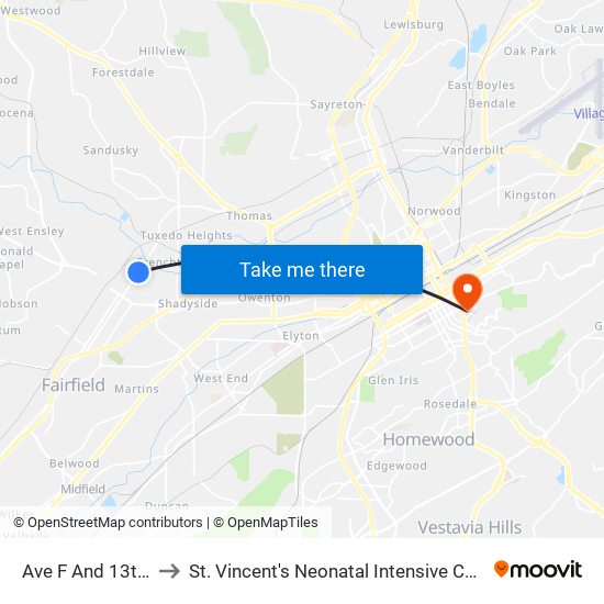 Ave F And 13th St to St. Vincent's Neonatal Intensive Care Unit map