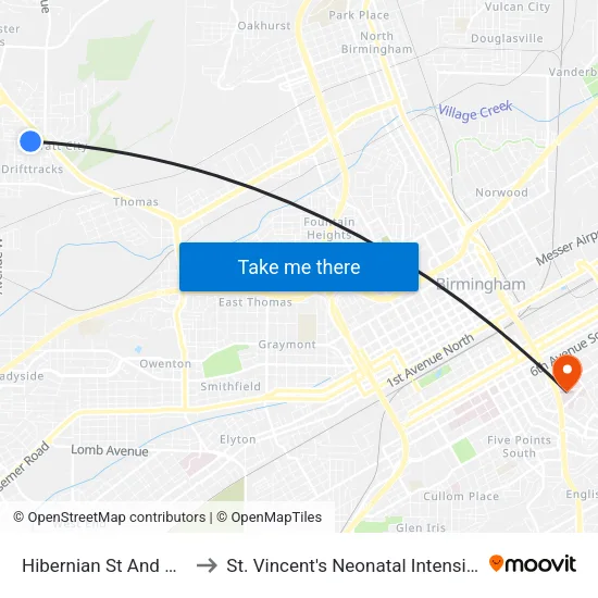 Hibernian St And Miles Ave to St. Vincent's Neonatal Intensive Care Unit map