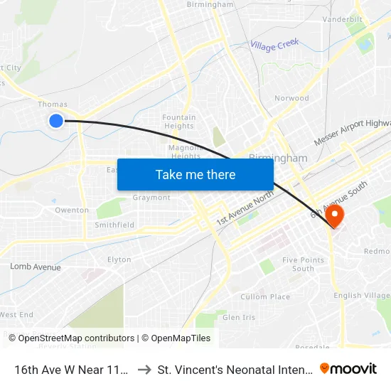 16th Ave W Near 1105 Address to St. Vincent's Neonatal Intensive Care Unit map