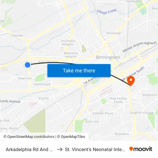 Arkadelphia Rd And Hilltop Pkwy to St. Vincent's Neonatal Intensive Care Unit map