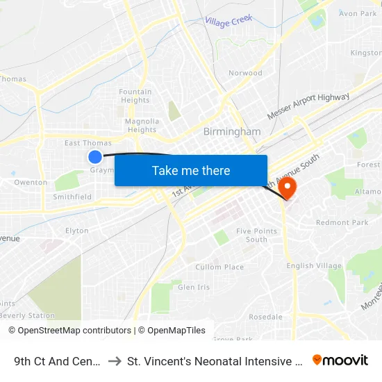 9th Ct And Center St to St. Vincent's Neonatal Intensive Care Unit map