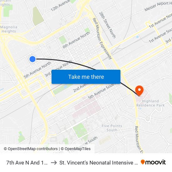 7th Ave N And 14th St to St. Vincent's Neonatal Intensive Care Unit map