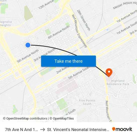 7th Ave N And 15th St to St. Vincent's Neonatal Intensive Care Unit map