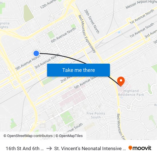 16th St And 6th Ave N to St. Vincent's Neonatal Intensive Care Unit map