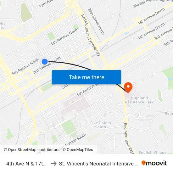 4th Ave N & 17th St N to St. Vincent's Neonatal Intensive Care Unit map