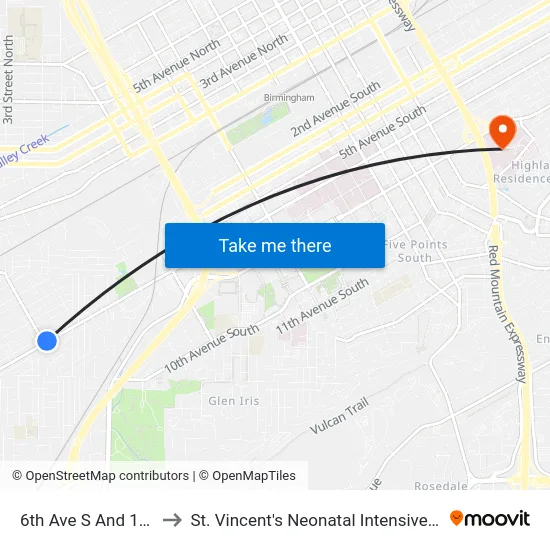 6th Ave S And 1st St S to St. Vincent's Neonatal Intensive Care Unit map