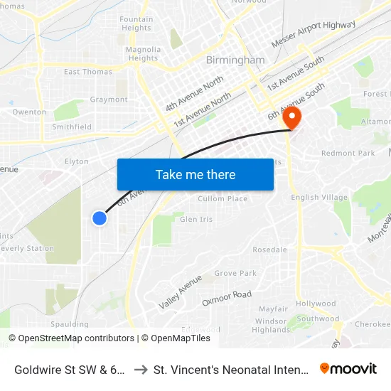 Goldwire St SW & 6th Ave SW to St. Vincent's Neonatal Intensive Care Unit map