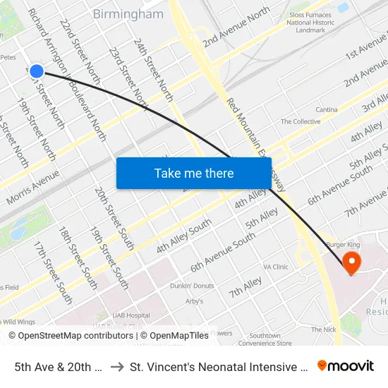 5th Ave & 20th St No to St. Vincent's Neonatal Intensive Care Unit map