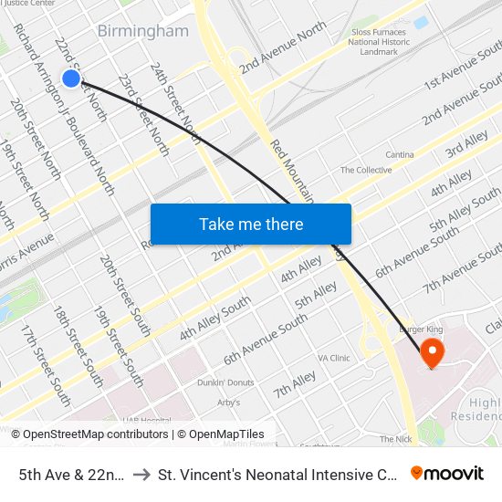 5th Ave & 22nd St to St. Vincent's Neonatal Intensive Care Unit map