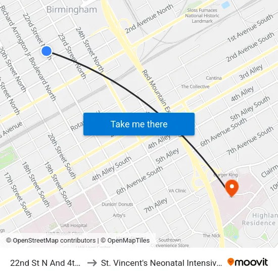 22nd St N And 4th Ave N to St. Vincent's Neonatal Intensive Care Unit map