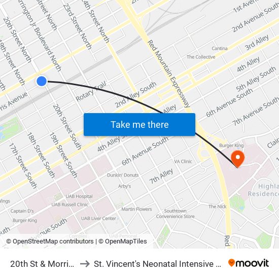 20th St & Morris Ave to St. Vincent's Neonatal Intensive Care Unit map