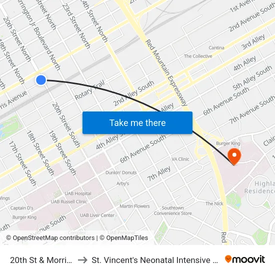 20th St & Morris Ave to St. Vincent's Neonatal Intensive Care Unit map