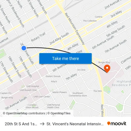 20th St S And 1st Ave S to St. Vincent's Neonatal Intensive Care Unit map