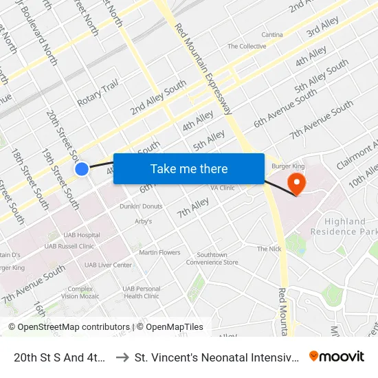20th St S And 4th Ave S to St. Vincent's Neonatal Intensive Care Unit map