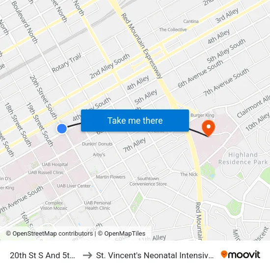20th St S And 5th Ave S to St. Vincent's Neonatal Intensive Care Unit map