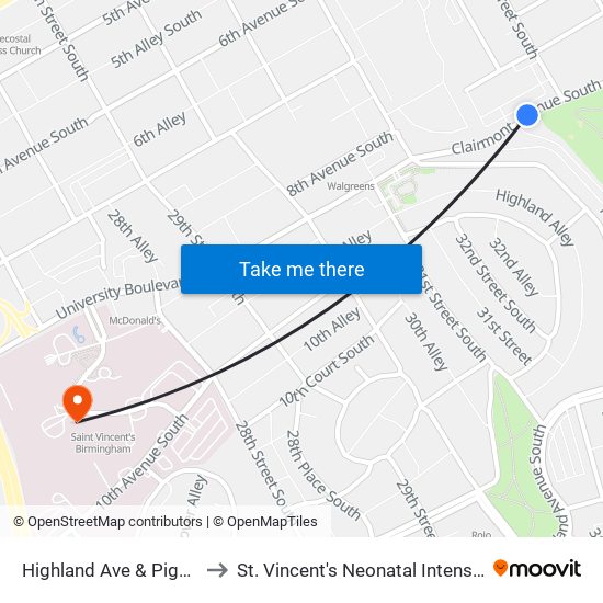 Highland Ave & Piggly Wiggly to St. Vincent's Neonatal Intensive Care Unit map