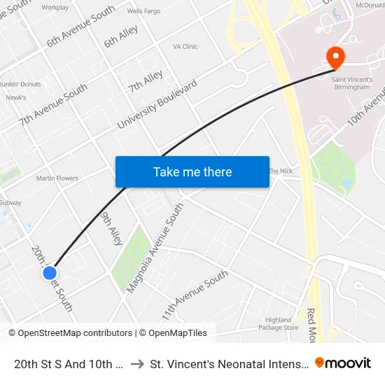 20th St S And 10th Ave S (Ib) to St. Vincent's Neonatal Intensive Care Unit map