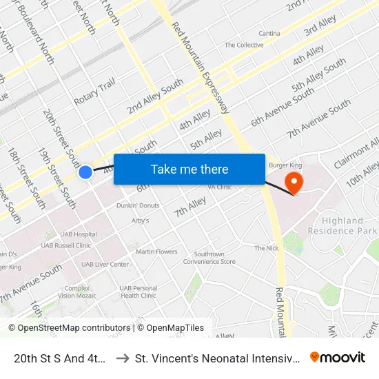 20th St S And 4th Ave S to St. Vincent's Neonatal Intensive Care Unit map