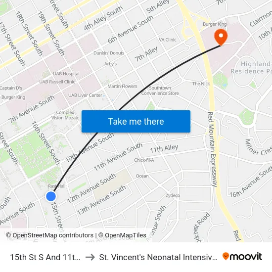 15th St S And 11th Ave S to St. Vincent's Neonatal Intensive Care Unit map