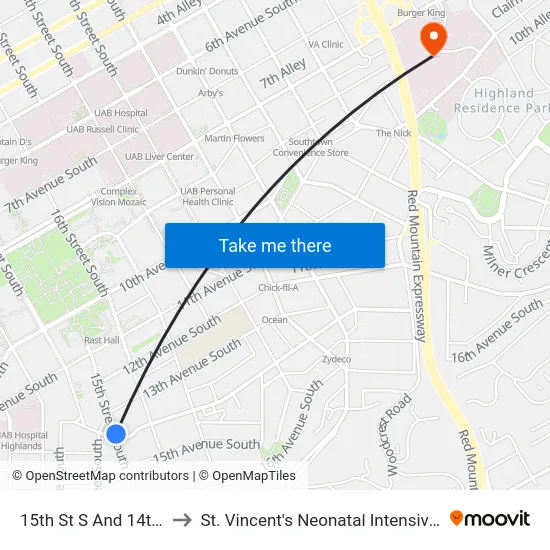 15th St S And 14th Ave S to St. Vincent's Neonatal Intensive Care Unit map