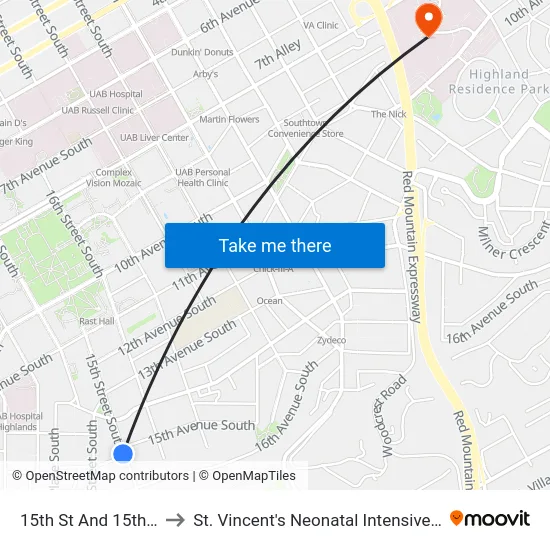 15th St And 15th Ave S to St. Vincent's Neonatal Intensive Care Unit map