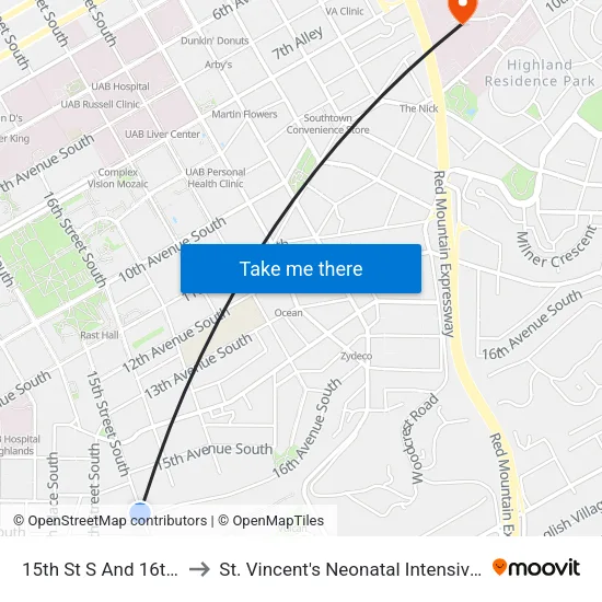 15th St S And 16th Ave S to St. Vincent's Neonatal Intensive Care Unit map