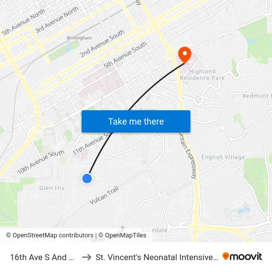 16th Ave S And 13th St to St. Vincent's Neonatal Intensive Care Unit map