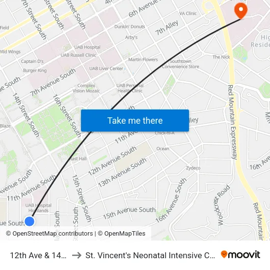 12th Ave & 14th Pl to St. Vincent's Neonatal Intensive Care Unit map