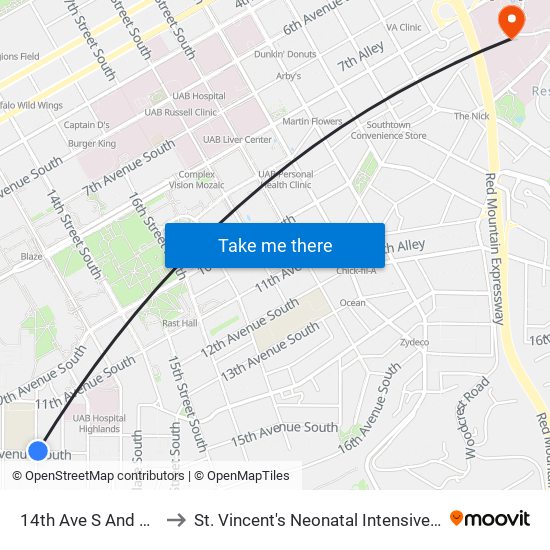 14th Ave S And 11th Pl to St. Vincent's Neonatal Intensive Care Unit map