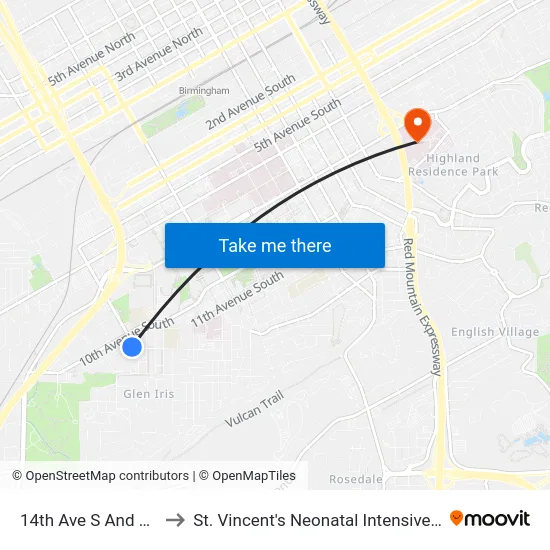 14th Ave S And 10th St to St. Vincent's Neonatal Intensive Care Unit map