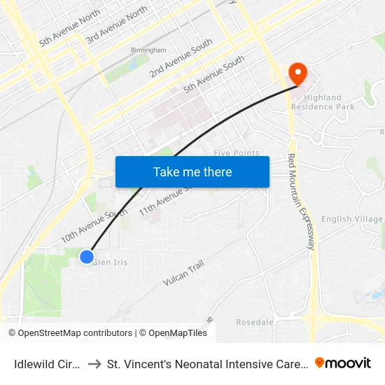 Idlewild Circle to St. Vincent's Neonatal Intensive Care Unit map