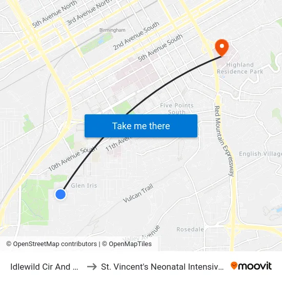 Idlewild Cir And 6th St S to St. Vincent's Neonatal Intensive Care Unit map