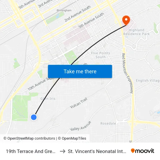 19th Terrace And Greensprings Ave to St. Vincent's Neonatal Intensive Care Unit map