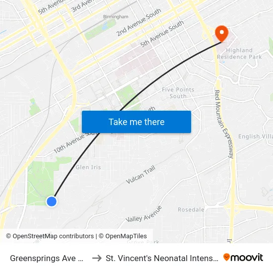 Greensprings Ave And 4th Pl to St. Vincent's Neonatal Intensive Care Unit map