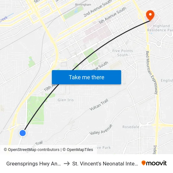 Greensprings Hwy And 21st Ave S to St. Vincent's Neonatal Intensive Care Unit map