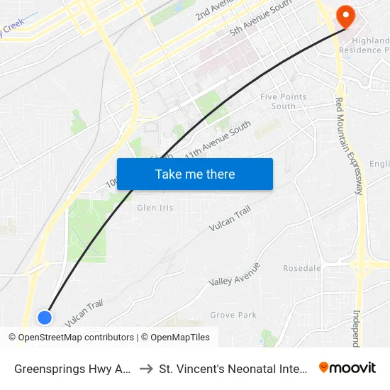 Greensprings Hwy And Goodwill to St. Vincent's Neonatal Intensive Care Unit map