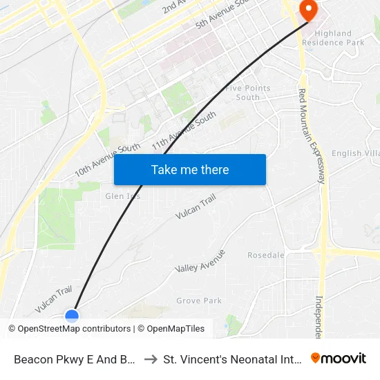 Beacon Pkwy E And Beacon Pkwy W to St. Vincent's Neonatal Intensive Care Unit map