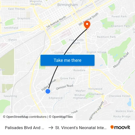 Palisades Blvd And Palisades Dr to St. Vincent's Neonatal Intensive Care Unit map