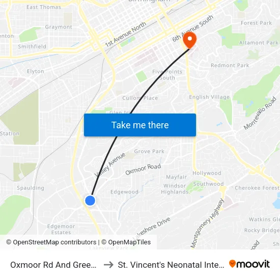 Oxmoor Rd  And Greensprings Hwy to St. Vincent's Neonatal Intensive Care Unit map
