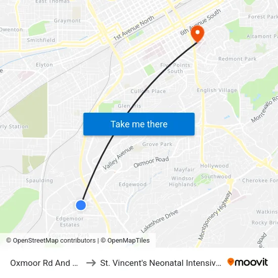 Oxmoor Rd And Scott St to St. Vincent's Neonatal Intensive Care Unit map