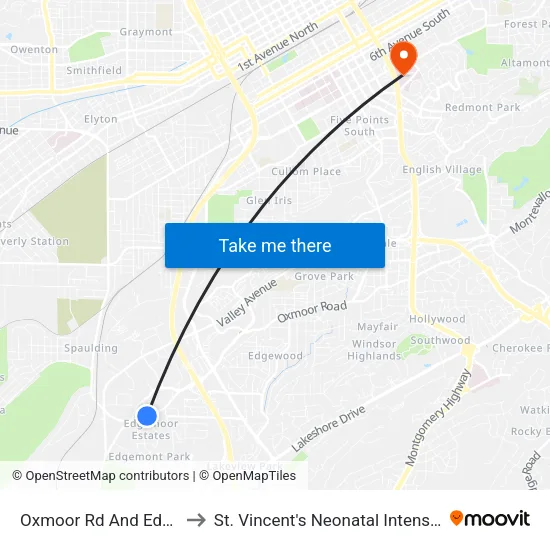 Oxmoor Rd And Edgeknoll St to St. Vincent's Neonatal Intensive Care Unit map