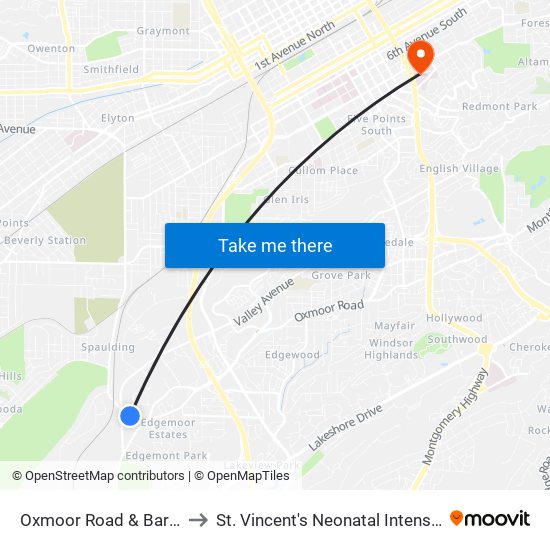 Oxmoor Road & Barber Court to St. Vincent's Neonatal Intensive Care Unit map