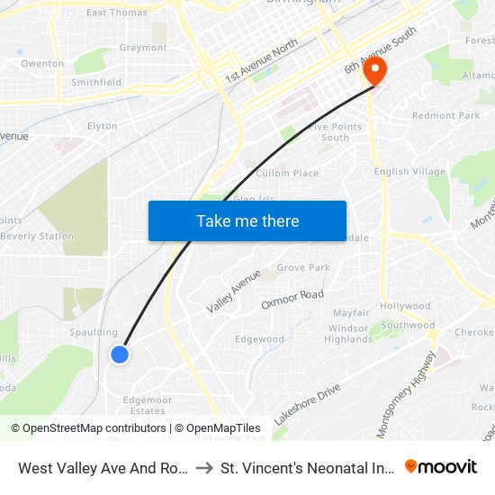 West Valley Ave And Robert Jemison Dr to St. Vincent's Neonatal Intensive Care Unit map