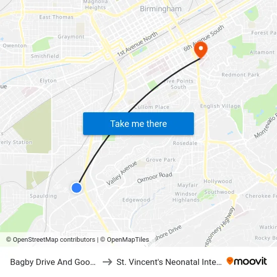 Bagby Drive And Goodwin Crest Dr to St. Vincent's Neonatal Intensive Care Unit map