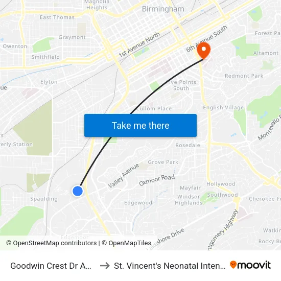 Goodwin Crest Dr And Bagby Dr to St. Vincent's Neonatal Intensive Care Unit map