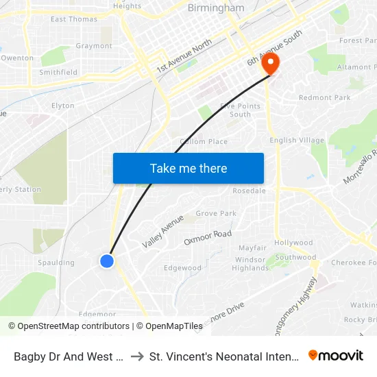 Bagby Dr And West Valley Ave to St. Vincent's Neonatal Intensive Care Unit map